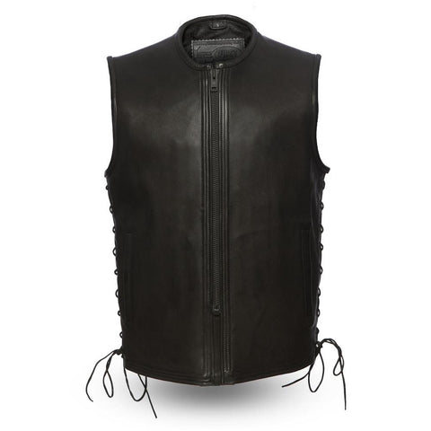 1.4mm Leather Motorcycle Vest With Clean Front Center Zip Side Laces Solid Back Gun Pockets