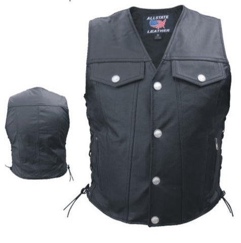 Men's Denim Style Black Leather Motorcycle Vest with Buffalo Snaps