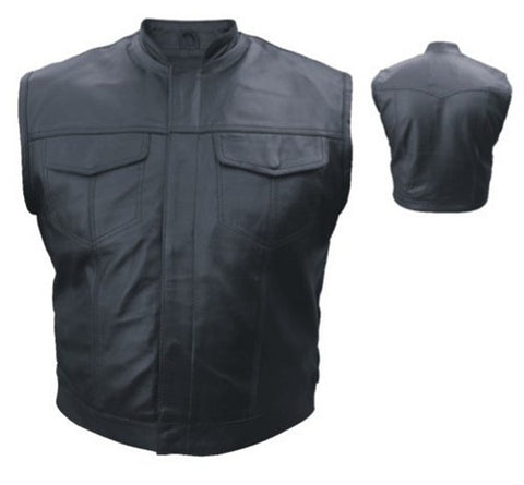 Men's Denim Style Black Leather Motorcycle Vest with Hidden Snaps