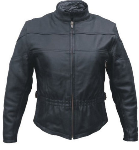 Women's Black Buffalo Leather Motorcycle Jacket Elastic Front and Back