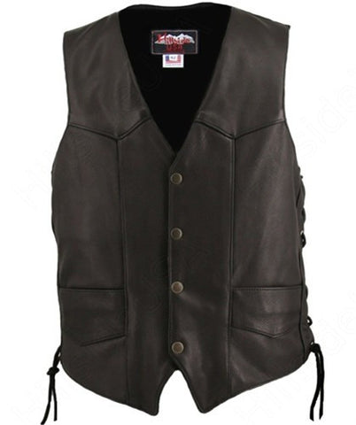 Men's Made in USA Black Naked Leather Basic Motorcycle Vest Side Laces Gun Pockets