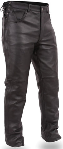 Men's Black Deep Pocket Leather Motorcycle Pants with Side Laces