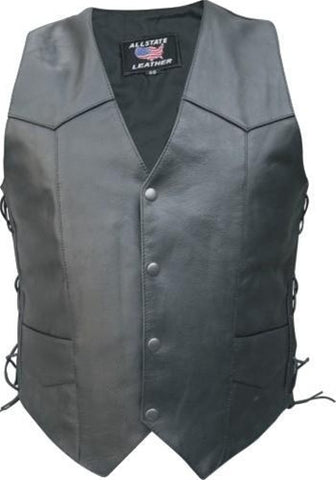 Men's Basic Black Buffalo Leather Motorcycle Vest with Side Laces
