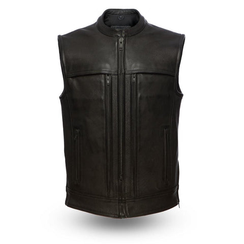 14 Pocket 1.4mm Leather Motorcycle Vest With Gun Pockets Solid Back Banded Collar