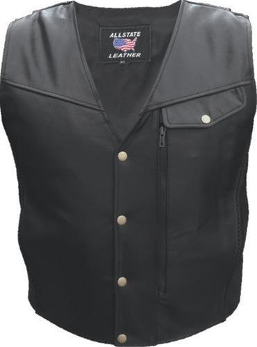 Men's Black Buffalo Leather Motorcycle Vest With Braid Trim