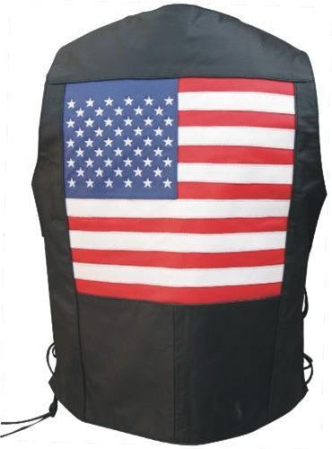 Men's USA Flag Black Buffalo Leather Motorcycle Vest Side Laces