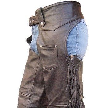 Unisex Buffalo Leather Motorcycle Chaps with Braid Trim and Fringes