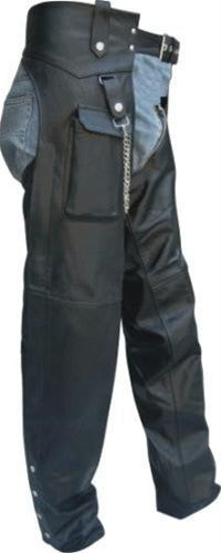 Classic Black Leather Motorcycle Chaps with Cargo Pocket
