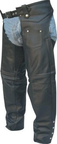 Black Buffalo Leather Motorcycle Chaps with Spandex Stretch Thigh