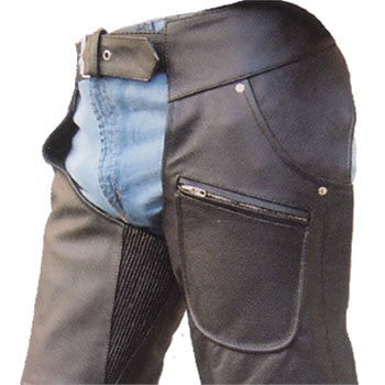 Unisex Black Leather Analine Cowhide Motorcycle Chaps Spandex Waist