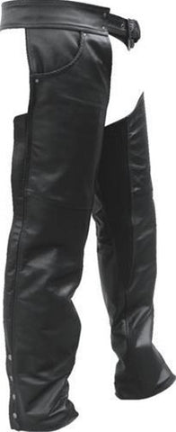 Unisex Black Leather Motorcycle Chaps with Braid Trim & Spandex Thighs