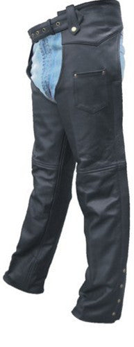 Unisex Black Leather Motorcycle Chaps with Antique Hardware