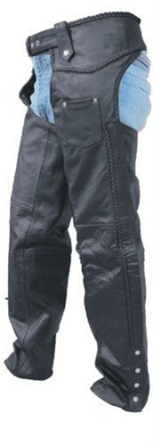 Unisex Black Leather Motorcycle Chaps with Braid Trim