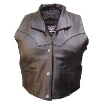 Women's Black Leather Motorcycle Vest Lapel Collar Adjustable Side Buckles