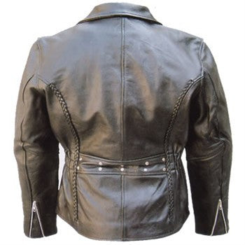 Women's Black Braided Leather Motorcycle Jacket with Studded Back