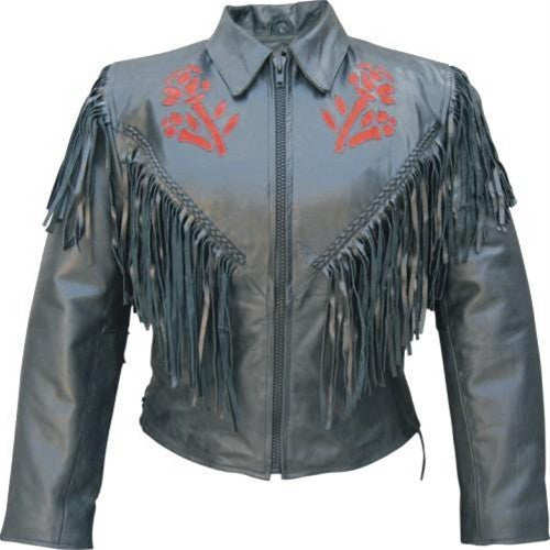 Women's Black Fringed Leather Motorcycle Jacket with Red Rose