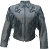 Women's Black Fringed Leather Motorcycle Jacket with Red Rose