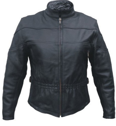 Women's Black Buffalo Leather Motorcycle Jacket Elastic Front and Back