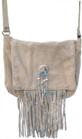 Ladies Light Brown Suede Leather Handbag with Fringes and Beads