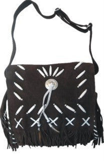 Ladies Western Style Black Suede Leather Handbag with Fringes and Bone
