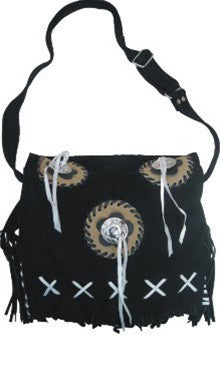 Ladies Western handbag Black suede leather with Bones, Fringes, Concho