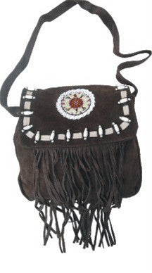 Ladies Western handbag Brown Suede Leather with Beads, Bone, & Fringes