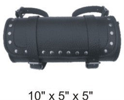 Studded Small Round Tool Bag with Pebble Grain Finish Cowhide Leather