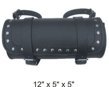 Studded Large Round Tool Bag with Pebble Grain Finish Cowhide Leather