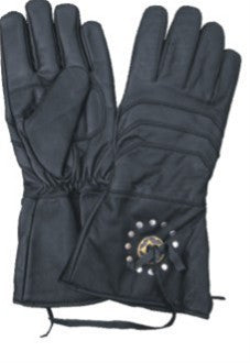 Gauntlet Leather Motorcycle Gloves with Antique Brass Concho Lightly Lined