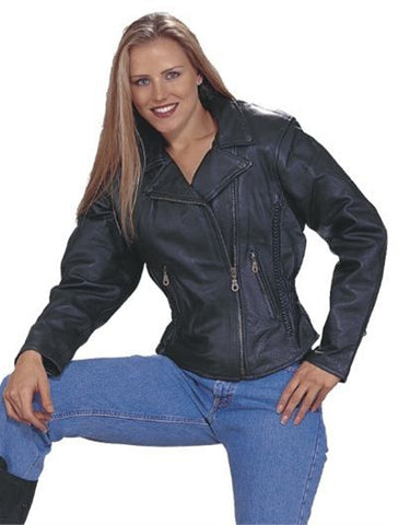 Ladies Classic Naked Leather Patrol Style Motorcycle Jacket Braid Trim