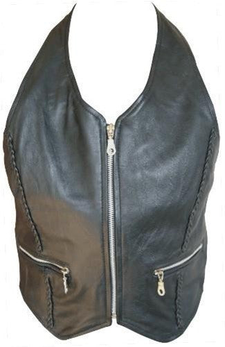 Ladies Lambskin Leather Halter Top with Braid & Silver Zippered Front