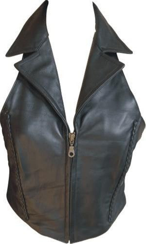 Ladies Lambskin Leather Halter Top with Braid Zippered Front and Collar