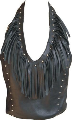 Ladies Lambskin Leather Halter Top with Fringes and Studs