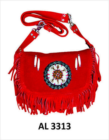 Ladies Red Suede Leather Handbag with Fringes and Beads