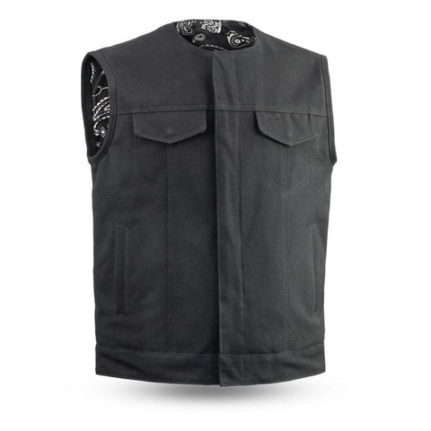 20 oz. Canvas Motorcycle Club Style Vest With Preacher Collar Gun Pockets Solid Back