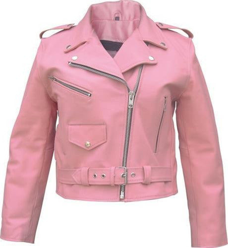 Ladies Pink Basic Full Cut Classic Leather Motorcycle Jacket