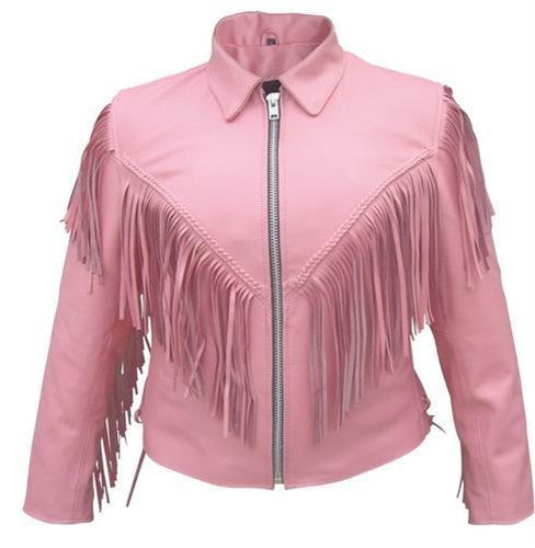 Ladies Pink Motorcycle Jacket with Braid Fringes and Side Laces