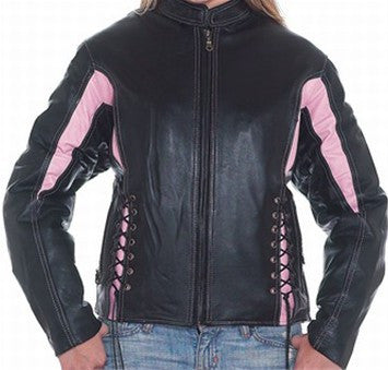 Ladies Black & Pink Leather Racer Jacket Side Laces & Zip Out Lining