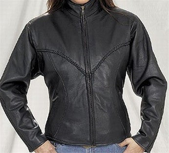 Ladies Heavy Duty Split Leather V Lace Braid Biker Jacket with Round Collar