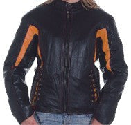 Ladies Black & Orange Leather Racer Jacket with Sidelaces