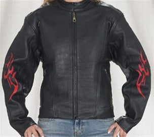 Ladies Vented Leather Motorcycle Jacket Flame on Sleeves and Back Side Laces