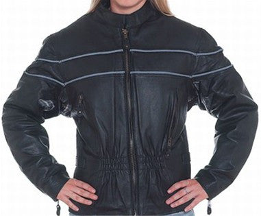 Women's Leather Motorcycle Jacket with Double Reflector Stripes