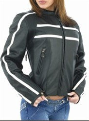 Women's Soft Leather Motorcycle Jacket Cream Colored Stripes