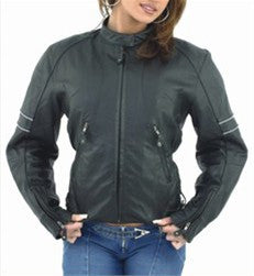 Ladies Soft Leather Motorcycle Jacket Reflective Stripes on Sleeve