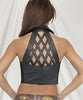 Ladies Leather Halter Top with Collar & Braid Zipper Front