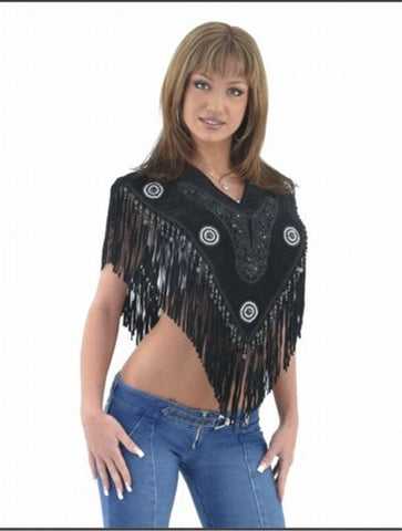 Ladies Black Poncho with Beads & Fringes