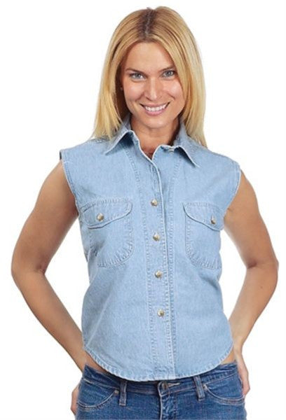 Ladies Light Blue Denim Sleeveless Shirt