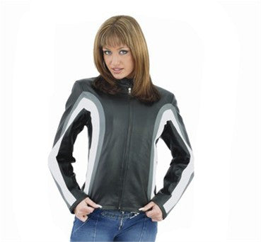 Ladies Leather Motorcycle Jacket with Gray and White Stripes