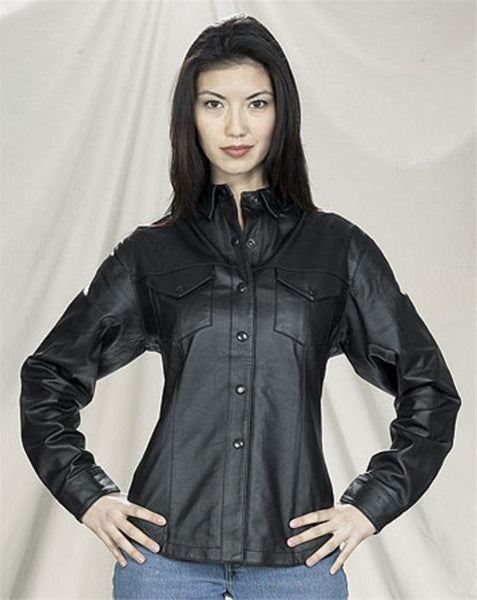 Ladies Black Soft Leather Shirt with Snaps and Lining