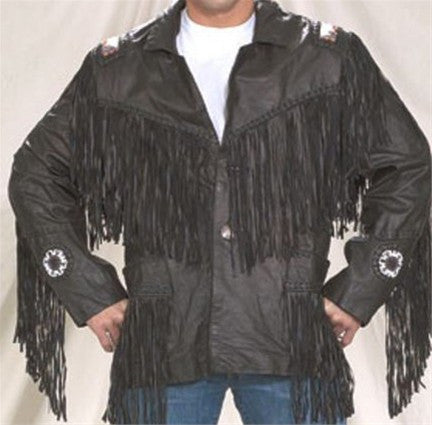 Mens Leather Western Style Jacket with Beads & Fringes